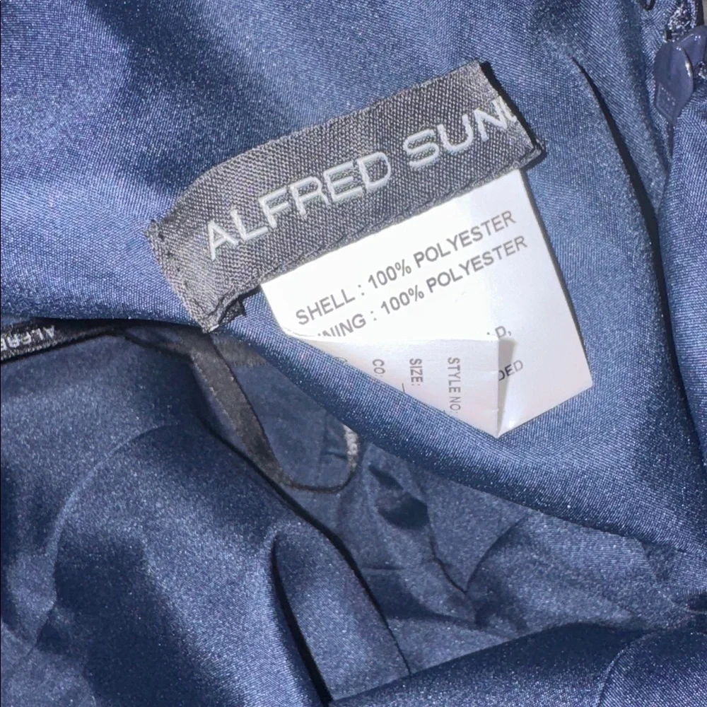NEW Alfred Sung Strapless Bow Belt Satin Twill Column midnight blue Gown Sz 2 - Picture 6 of 8